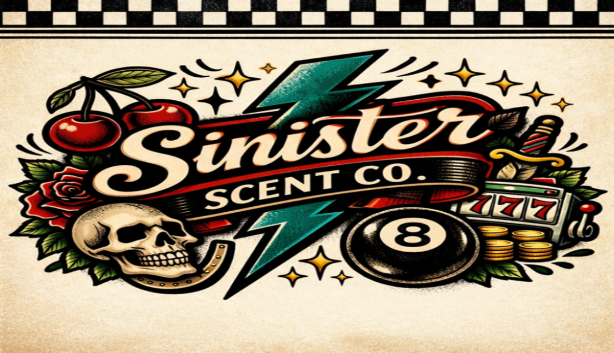 Logo of Sinister Scent Co. with decorative elements on a beige background